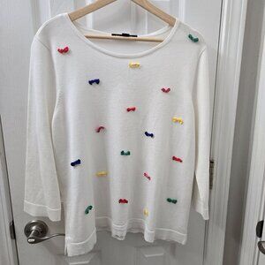 United States Sweaters Womens Large Bows White Knit‎ Crewneck 3/4 Sleeves Cotton